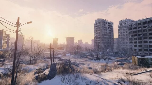 Winter sunset casting golden light over snow covered destroyed urban landscape, revealing desolate post apocalyptic city with crumbling buildings and eerie frozen atmosphere