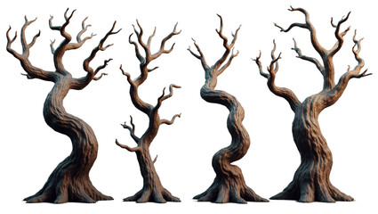 Collection of Four Twisted Dead Trees Halloween Fantasy Dark Spooky Nature Isolated 3D Render