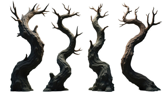 Twisted Dead Tree Trunks Set of Four Dark Fantasy 3D Render Game Asset
