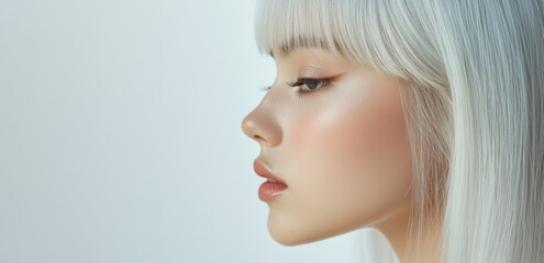 Naklejka premium In a calm setting, a woman with straight white hair displays her profile, highlighting her graceful features and relaxed demeanor