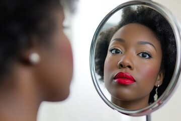 Young african female admiring reflection in mirror with red lipstick and earrings
