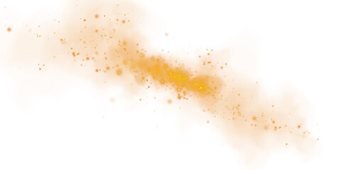 Fantastic orange smoke background. Magic orange smoke with glitter and small particles of twinkling stars. Fog with luminous particles. Orange vapor with stardust. Morning fog over land or water. PNG.