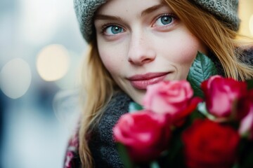 Young caucasian female with roses and warm knit hat smiling outdoors