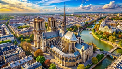 Fototapeta premium Aerial View of Notre Dame Cathedral, Paris, France: Iconic Gothic Architecture from Above