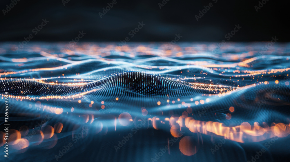 Poster abstract digital landscape with glowing particles and waves, creating mesmerizing visual effect. int