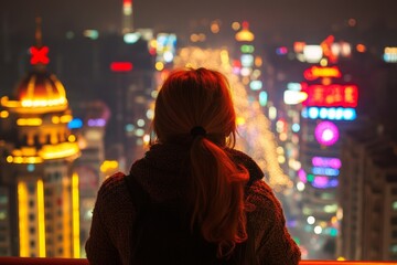 Obraz premium Female looking at night cityscape with vibrant neon lights