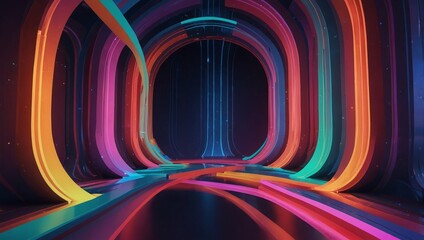 Fototapeta premium A stunning 3D composition with vibrant neon arcs and curves, blending seamlessly across the color spectrum to create a surreal, immersive modern background