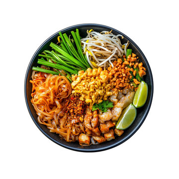A vibrant bowl of pad thai featuring noodles, chicken, lime, bean sprouts, peanuts, and fresh herbs.