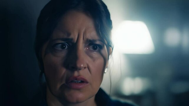 Handheld, shaky video of a startled woman suddenly awakening by a bright, brief, flashing light, looking directly into the camera