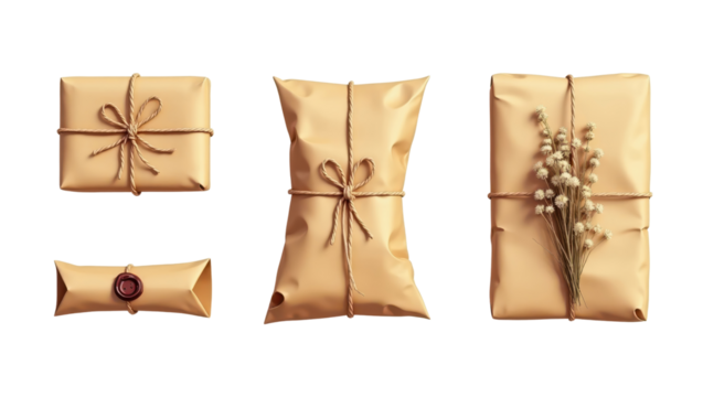 Rustic Kraft Paper Gift Packages Tied with Twine Dried Flowers Vintage Style