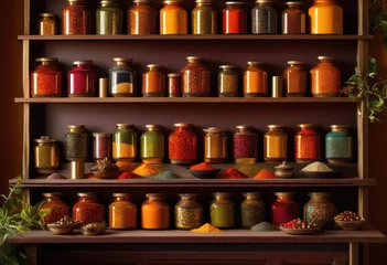 vibrant spice jars displayed beautiful colorful patterns showcasing array rich textures bright hues attractive arrangement, decorative, stunning, artisan, vivid, herbs © Yaroslava