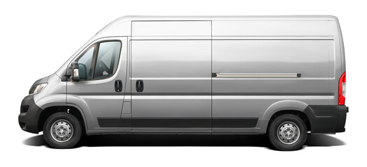 Side view of a modern cargo long-base American minibus in silver. Isolated on a white background.