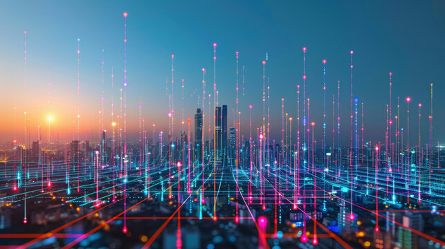 vibrant city skyline at sunset with digital data visualization elements, showcasing network of colorful lines and dots representing technology and connectivity