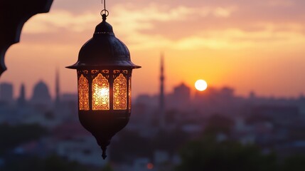 Beautiful Lantern Glowing Against Sunset Over Cityscape Background