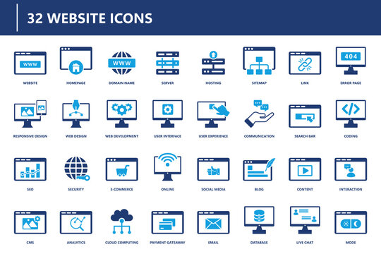 Website icon collection featuring various digital elements, including hosting, domain, security, UI, UX, and e-commerce, representing online technology.