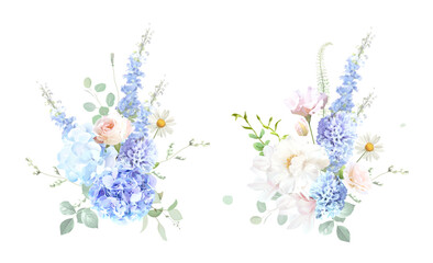 Bridgerton inspired pastel floral vector design bouquets. Blue delphinium, white peony, daisy, magnolia, pink rose, hydrangea, greenery and plants. All flowers and branches are isolated and movable. © lavendertime