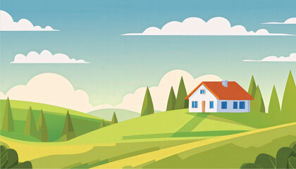 Fototapeta premium The enchanted house on the hill a serene retreat in nature's embrace the essence of tranquility and scenic beauty