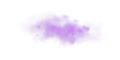 Fantastic purple smoke background. Magic purple smoke with glitter and small particles of twinkling stars. Fog with luminous particles. Purple vapor with stardust. Morning fog over land or water. PNG.