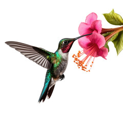 Obraz premium Hummingbird is searching honey in a flower on transparent background