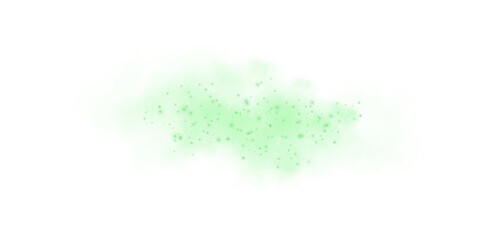 Fantastic green smoke background. Magic green smoke with glitter and small particles of twinkling stars. Fog with luminous particles. Green vapor with stardust. Morning fog over land or water. PNG.