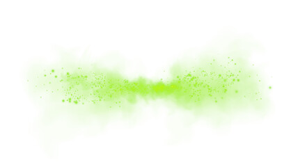 Fantastic green smoke background. Magic green smoke with glitter and small particles of twinkling stars. Fog with luminous particles. Green vapor with stardust. Morning fog over land or water. PNG.