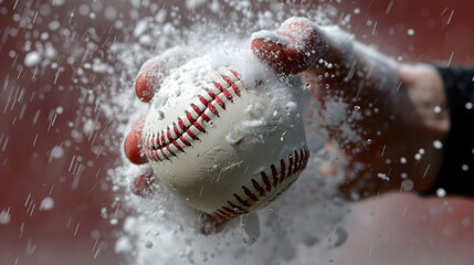 Obraz premium hand gripping baseball surrounded by cloud of powder, showcasing action of preparing for game. dynamic scene captures excitement of baseball