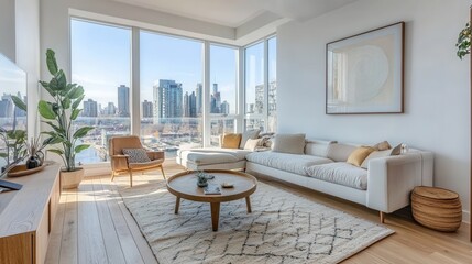 Fototapeta premium A bright and airy living room with a cityscape view