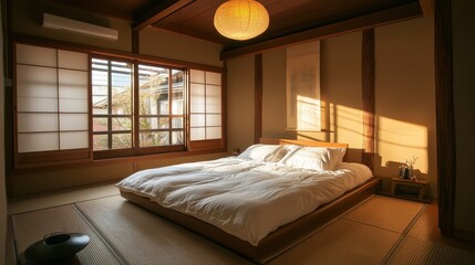 Obraz premium Bright and airy japanese style bedroom with natural light