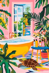 Colorful illustration of an interior design with plants, a bathtub with a brown sea turtle, towel, and hand wash bottles, against a pastel pink wall with a dreamy vibe