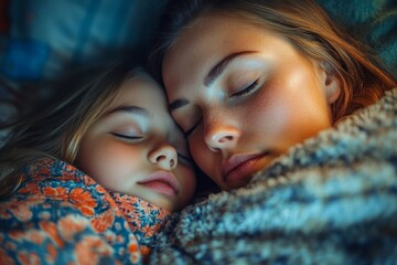 Loving mother taking care of sleeping daughter, mother kissing girl and puts blanket on comfortable asleep child on bed in the morning