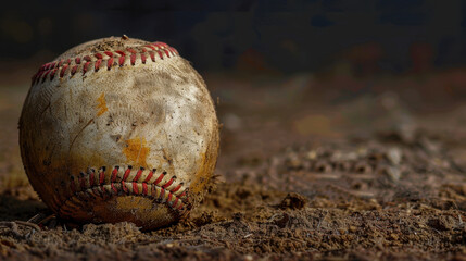 worn baseball resting on dirt, showcasing its weathered texture and details. scene evokes sense of nostalgia for game and outdoor play