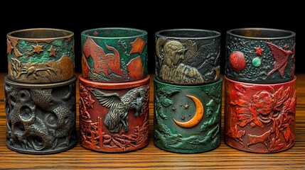 These are colorful illustrative banded designs featuring stars moons planets and mythological creatures.