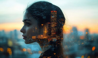 Double exposure, A woman overlaid with cityscape and data, symbolizing the intersection of urban life and digital information