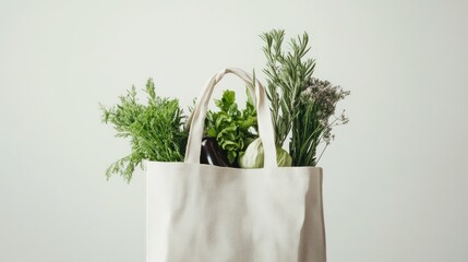 Reusable bag filled with fresh herbs and vegetables.  Lifestyle photo for blogs