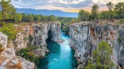 Turquoise river flows through scenic canyon, sunset mountains background, travel poster
