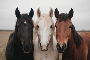 Three horses standing in a field with one black, one white and one brown