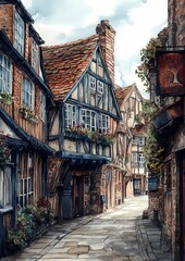 Fototapeta premium A postcard illustration of medieval architecture, capturing its grandeur in a watercolor painting style