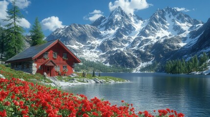 Fototapeta premium Red cabin, alpine lake, mountain view, floral foreground, idyllic travel poster