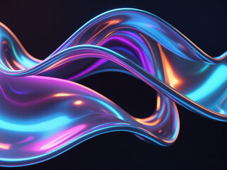 Fototapeta premium A hyperrealistic 3D-rendered futuristic abstract background featuring glowing, fluid, iridescent waves in vibrant blue, purple, and orange hues against a dark backdrop.