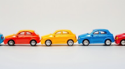 A set of colorful toy cars lined up on a white background.