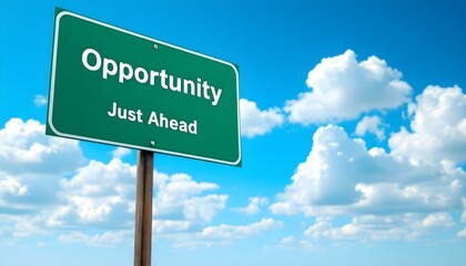 Opportunity just ahead text green road sign