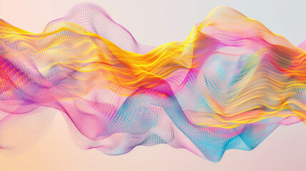 Vibrant abstract waves in pink, yellow, and blue create dynamic visual flow, evoking sense of movement and energy