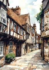 Fototapeta premium A postcard illustration of medieval architecture, capturing its grandeur in a watercolor painting style