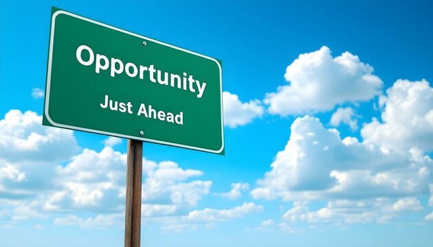 Opportunity just ahead text green road sign