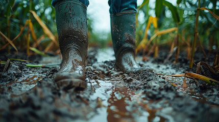 Man wearing olive green boots, walking through the muddy corn field after the water or river flood. Destroyed agricultural soil, damaged countryside crops or plants.