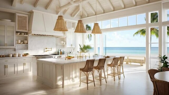 Natural light illuminates a modern white kitchen with wicker bar stools, a central island, and large windows offering a stunning view of a tropical beach and ocean