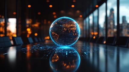 A holographic globe spinning in a boardroom, symbolizing global business strategy, sleek and vibrant