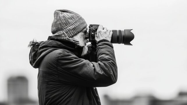 Photographer shooting city scene, cloudy day