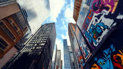 cityscape with towering skyscrapers featuring business-themed graffiti art on their walls 