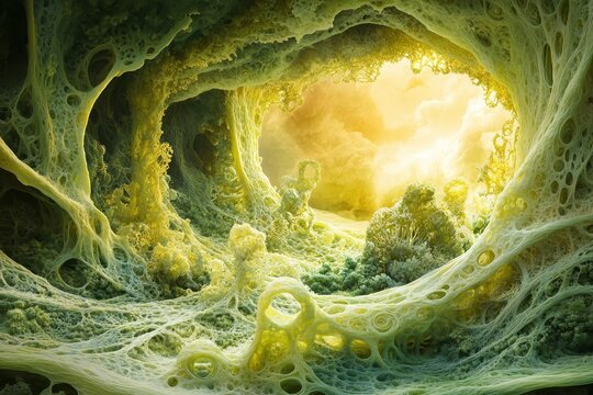 Surreal organic cave with glowing light and strange formations - Powered by Adobe